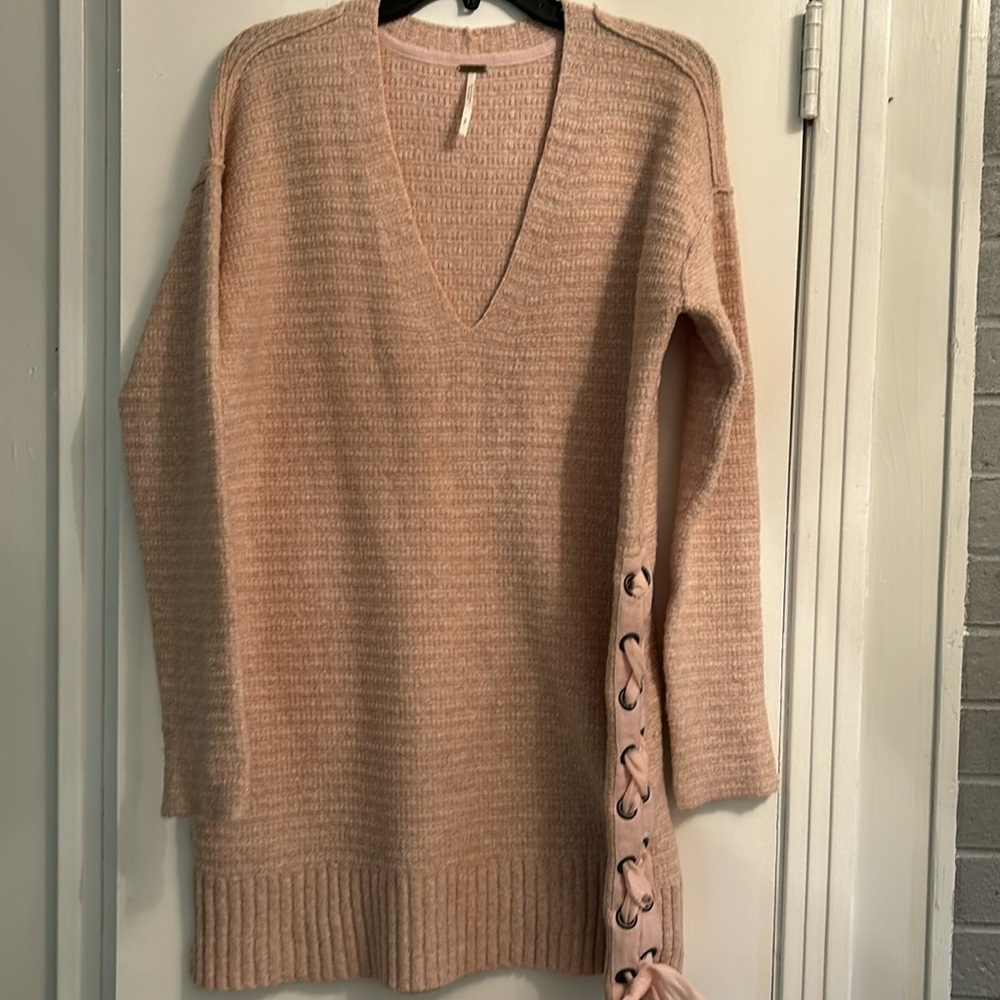 V-Neck Lace-Up Side Sweater Dress in Blush